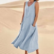 Aqestyerly Women's Summer Dress Sleeveless V-Neck Solid Color Cotton Linen Long Casual Comfortable Lightweight Fashion Maxi Dress HWRETIE