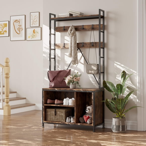 BeesClover 5-in-1 Hall Tree with Bench, Coat Rack, Shoe Storage, Drawers, and Top Shelf – 36.41'' Freestanding Entryway Organizer with 17 Hooks for Mudroom or Entryway