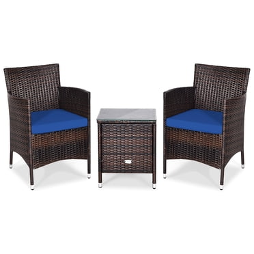 Gymax Ensemble de Mobilier de Patio en Rotin 3 Pcs Chaise et Table Extérieur avec Coussin Bleu Marine
