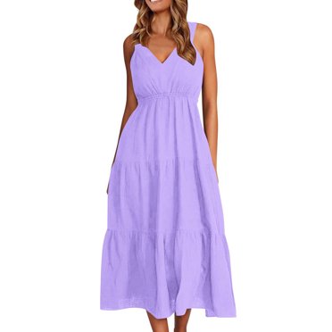 Robe Sans Manches pour Femme, Robe Midi d'Été en Coton et Lin, Robe Décontractée à Col en V Ajourée pour la Plage, Robe Décontractée Longueur Genou pour les Vacances (心词:Robe Sans Manches pour Femme, Robe Midi d'Été)