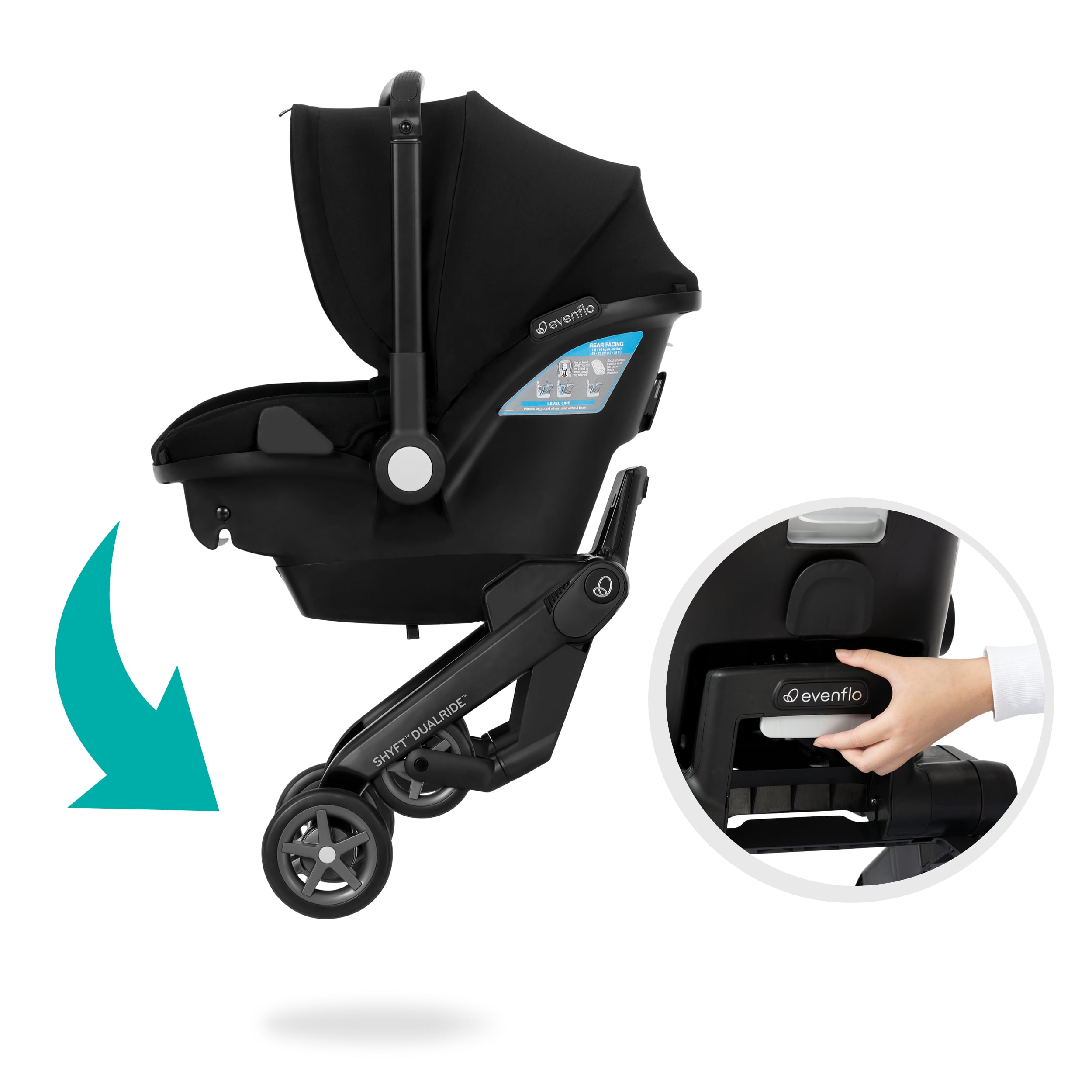 Evenflo Shyft DualRide Infant Car Seat and Stroller Combo (Weight 3-30 lbs, Height Max 32")