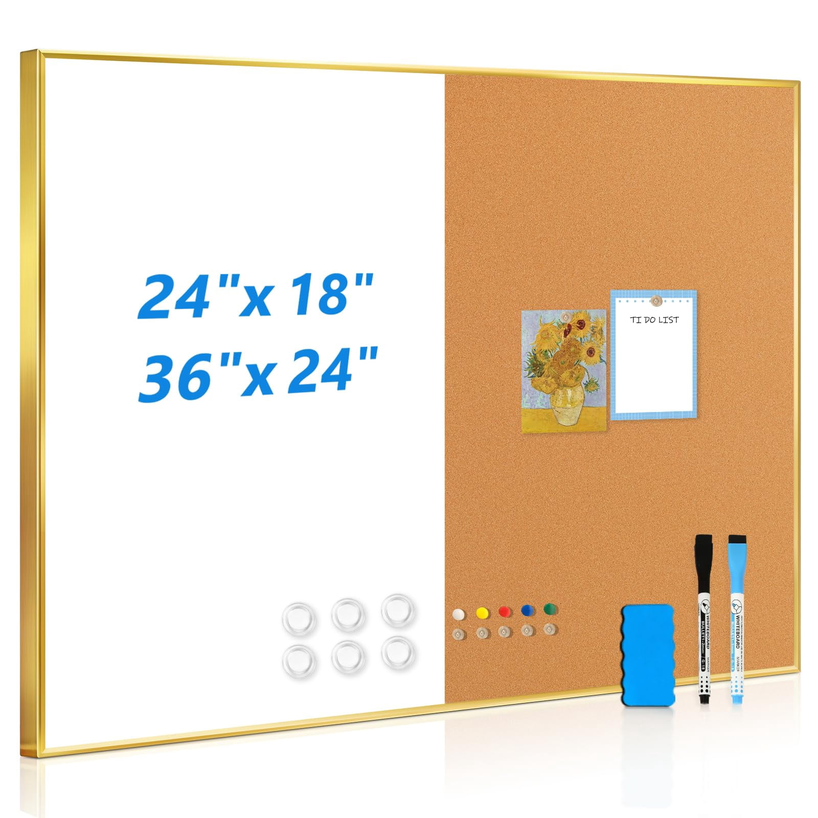 QUEENLINK Cork Board White Board Combo - 36'' x 24'' - Half Bulletin Board - Half Magnetic Dry Erase Board - Gold Aluminum Frame