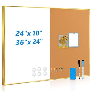 QUEENLINK Cork Conseil Conseil blanc Combo - 36'' x 24'' - Demi-bulletin - Tableau à demi magnétique à sec d'effacement - Cadre en aluminium doré