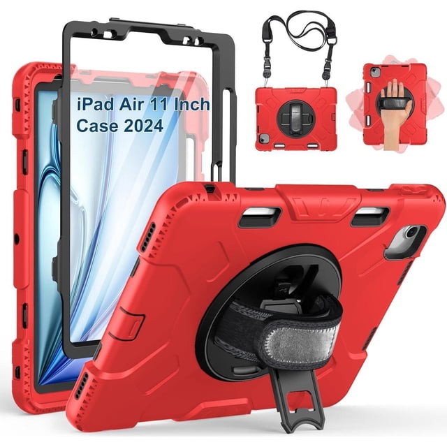 Case for iPad Air 11 Inch M3 M2 2025 2024, compatible with iPad Air 5th and 4th Generation, and iPad Pro 11 models from 2018 to 2022. Features include a built-in screen protector, Apple Pencil holder, 360° rotating stand, adjustable hand strap, and detachable shoulder strap. The rugged red case offers full-body protection with a three-layer structure, shockproof silicone, and heat-dissipating sponge. Shown with precise cutouts for ports and buttons, and a kickstand for hands-free use.