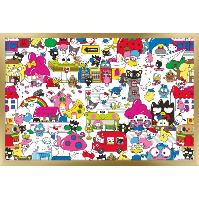 Hello Kitty and Friends: Hello - Group Wall Poster, 22.375" x 34" featuring a vibrant collage of Sanrio characters including Hello Kitty, My Melody, Keroppi, and Badtz-Maru in a playful cityscape with a red bus, mushroom house, rainbow, and traffic lights, printed on glossy paper with adhesive mounts for easy hanging without wall damage, suitable for bedroom, office, or dorm decor.