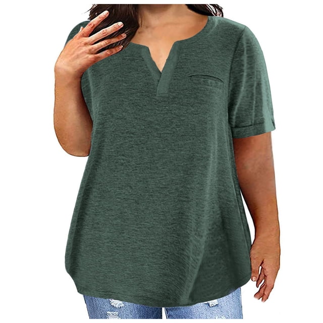 2025 Ladies Top V NeckPrint Shirt Solid Color Short Plus Size Scrub Tops Sleeve Pocket Loose T Tops Plus Size
