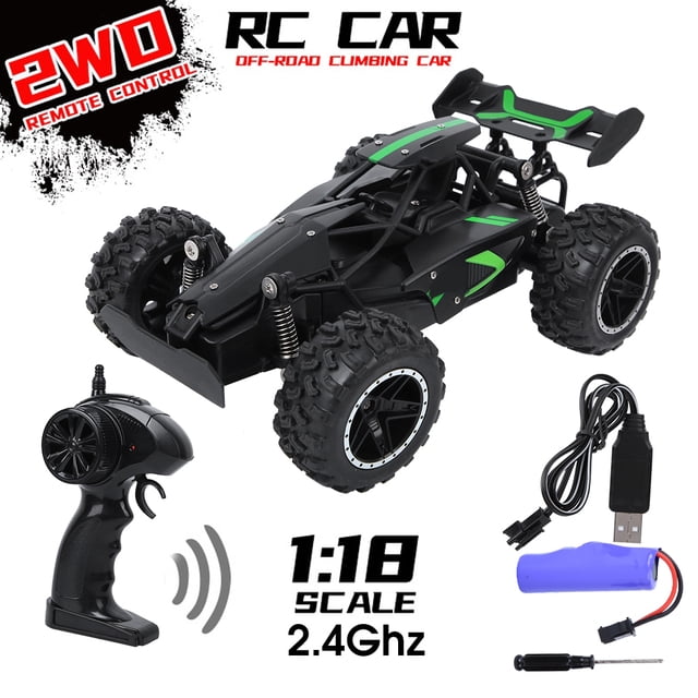 Remote Control Car Toy Rc Car Toy 1/18 Rc Car Toy Children Car Toy 1/18 2.4G Remote Control Car Toy USB Charging Children RC Car Toy G03063RGreen. A green and black 1:18 scale RC car with anti-slip rubber tires, a shock absorber system, and 2.4GHz remote control. Includes USB charging cable, lithium battery, screwdriver, and manual. Designed for various terrains like rough roads and sandy surfaces, with forward, backward, left, and right turn functions.