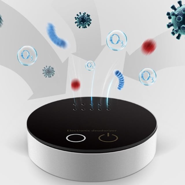 Smart Home Air Purifier with True HEPA Filter featuring a 3-stage filtration system and compact 8.5-inch design. The black ABS purifier operates quietly at 28dB and is USB/Type-C powered. It includes auto mode, child lock, and filterless negative ion purification technology. Suitable for bedrooms, offices, and travel, it effectively removes odors and airborne particles, improving air quality in small spaces.