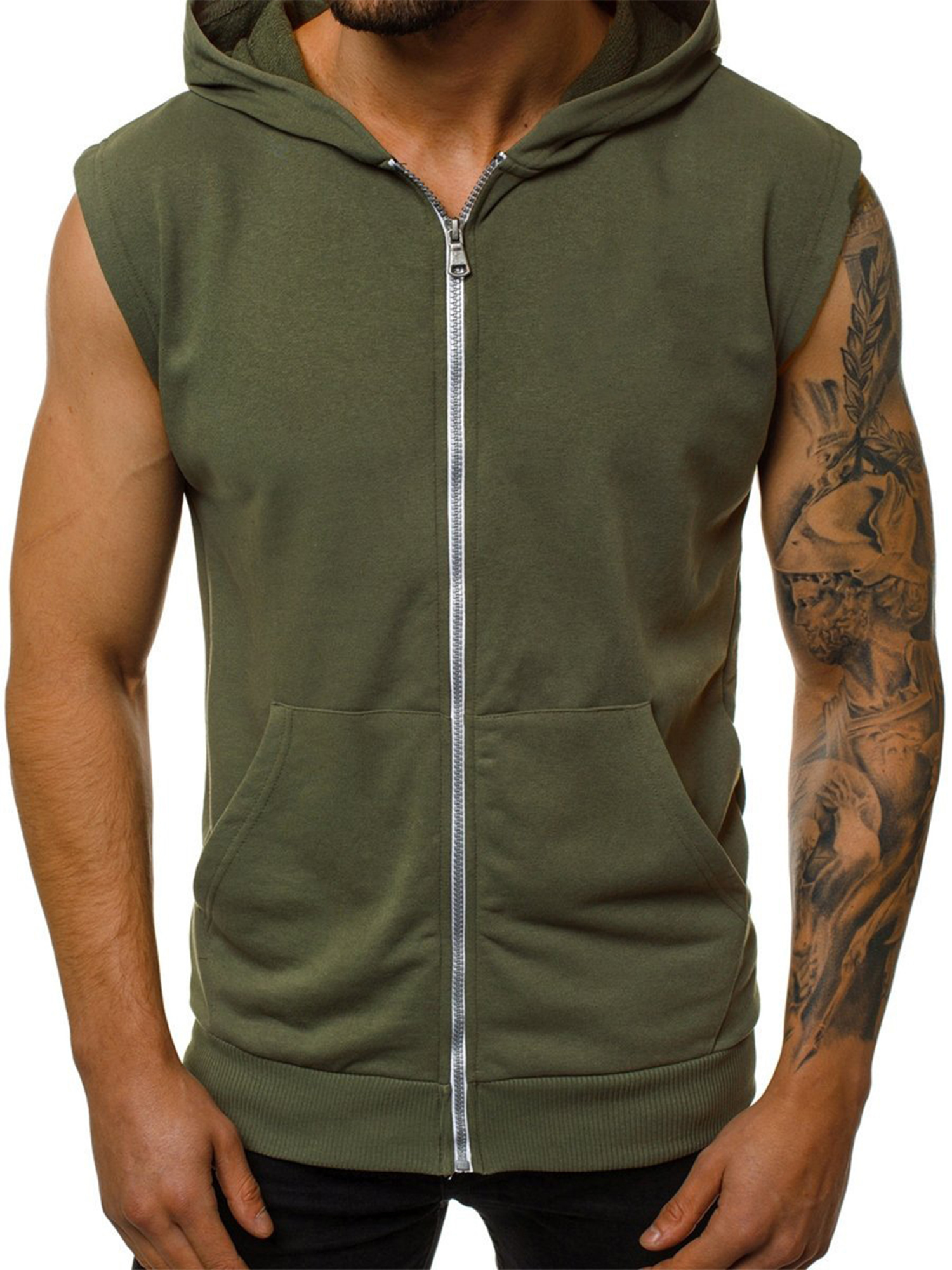 Innerwin Débardeurs à Capuche Sans Manches pour Hommes T-Shirt d'Été à Fermeture Éclair Coupe Régulière Vert Armée m