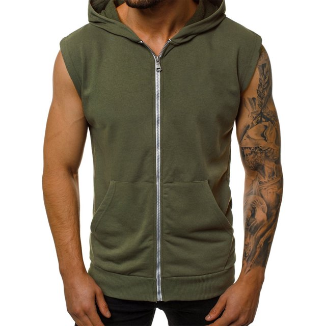 Innerwin Débardeurs à Capuche Sans Manches pour Hommes Été Fermeture Éclair Coupe Régulière Vert Armée 2TG