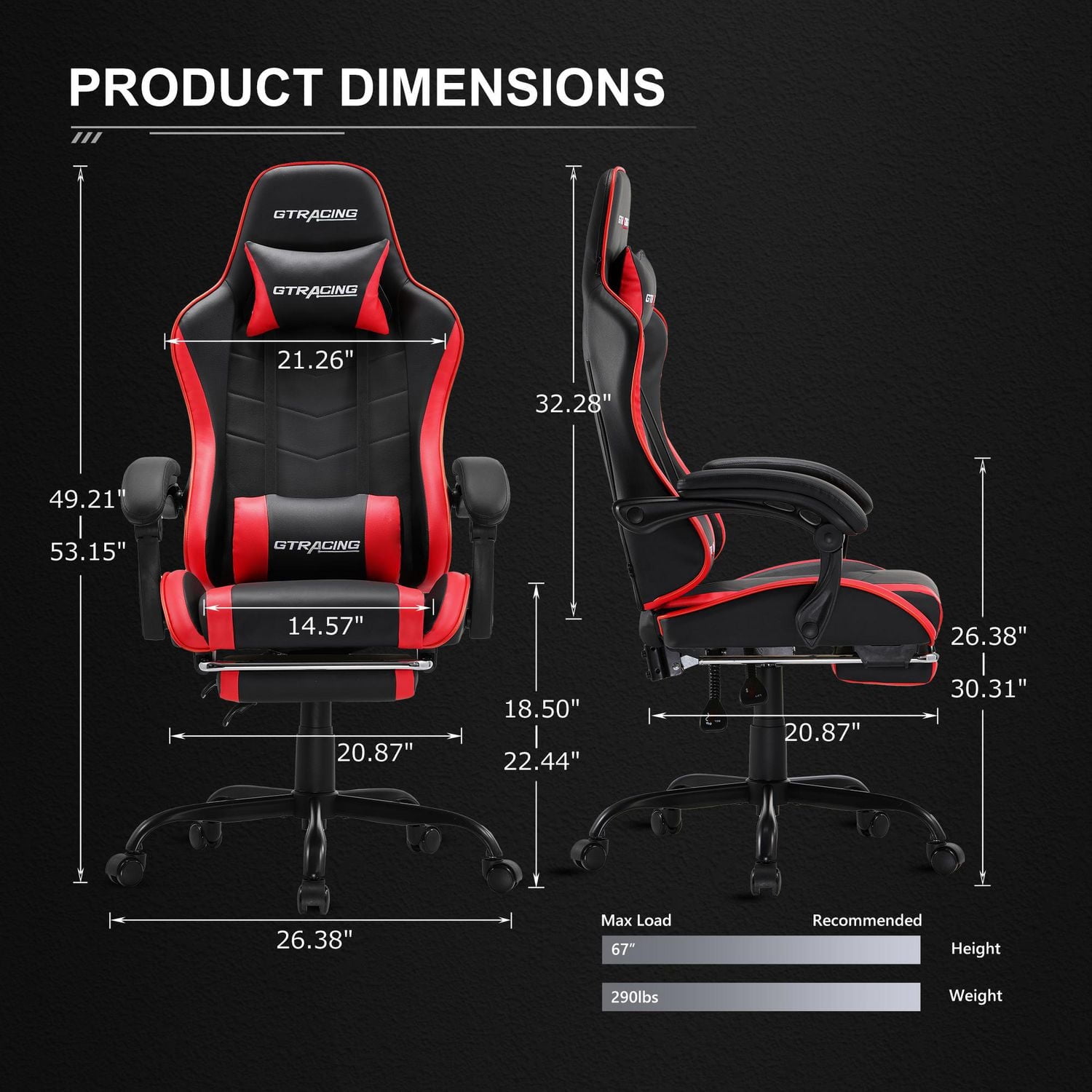 Chaise de jeu ergonomique GTRACING GTWD-200 avec coussins réglables et repose-pieds