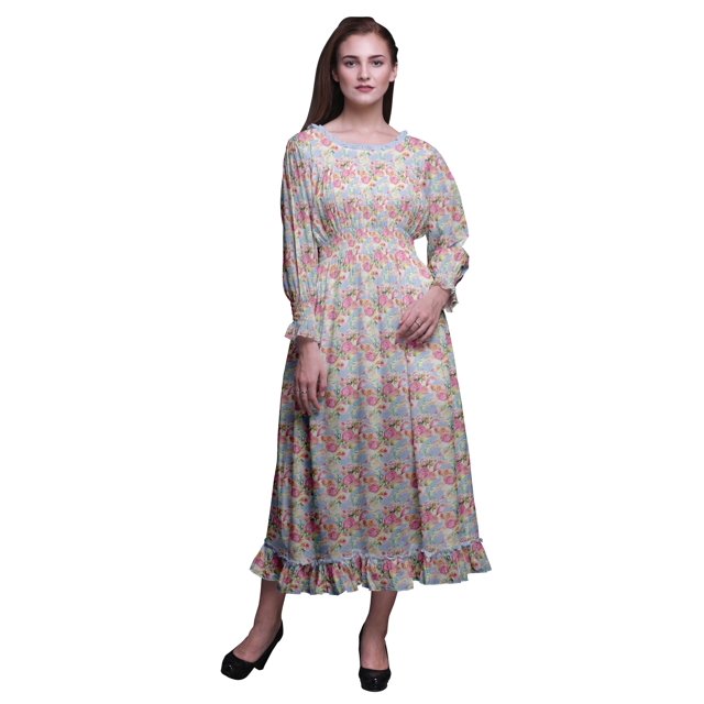 Bimba Floral Women Cotton Smocked Boho Renaissance Long Ruffle MaxiDress-XXX-Large