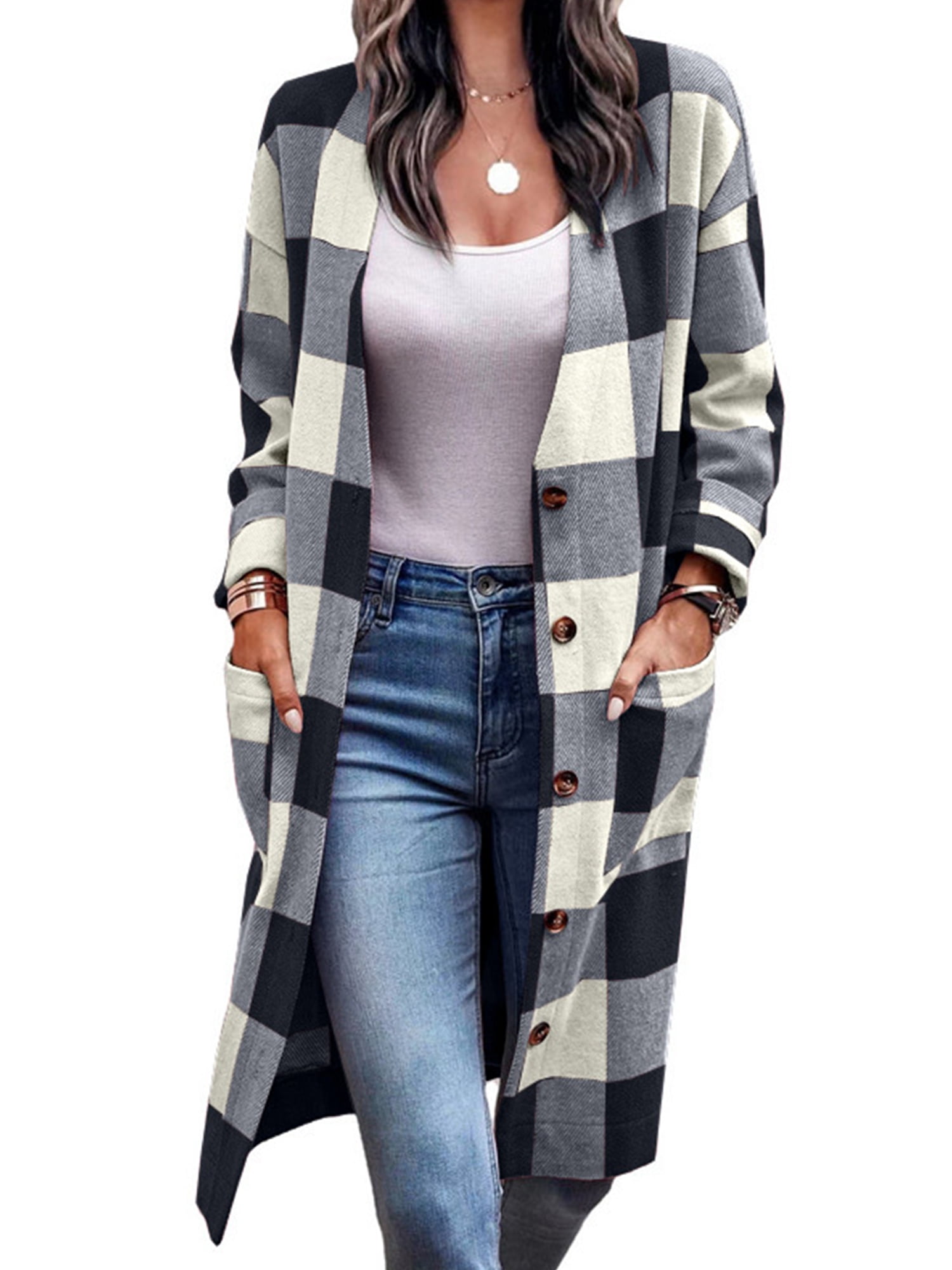 Innerwin Coat V Neck Ladies Outwear Winter Warm Cardigan Loose Jacket Black M