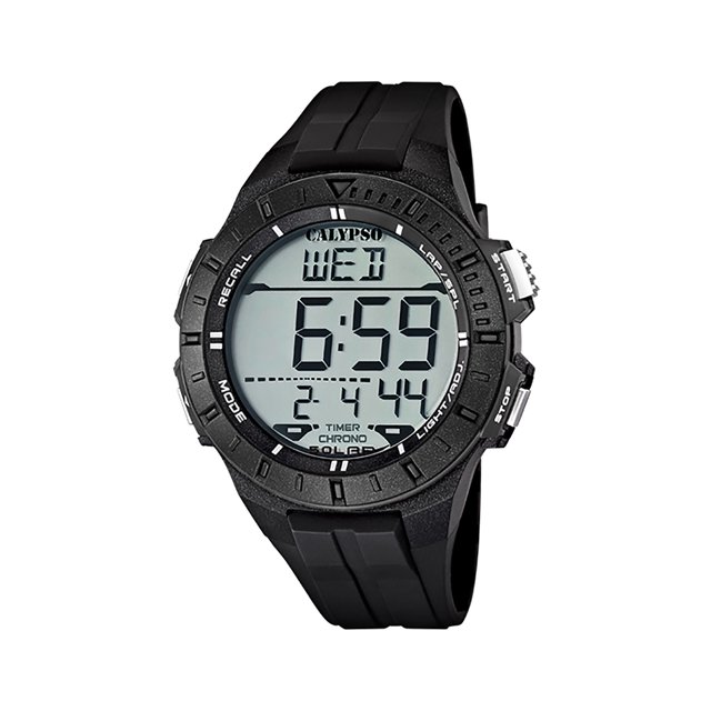 Calypso Digital Watch 48mm Mens Digital Sports Watch with a black rubber strap and a large digital display showing bold numbers. Features include a chronograph, dual time, timer, backlight, and day/date calendar. The watch is made with durable materials, including a high-transparency mineral crystal glass face, and is water resistant up to 10 ATM (100 meters), ideal for swimming, snorkeling, and other water activities. The black bezel is labeled with functions such as 'Mode,' 'Recall,' and 'Light.'