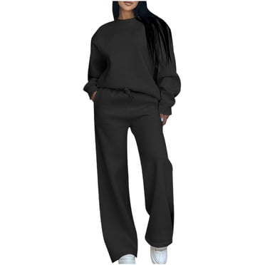 Wdfiry Ensemble de Survêtement 2 Pcs pour Femmes, Couleur Unie, Coupe Ample, Ensemble de Survêtement à Cordon avec Poches, Chandail à Manches Longues et Pantalon de Survêtement, Chandail à Enfiler, Tenue de Détente
