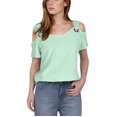 thumbnail image 1 of fheaev Hauts d'Été pour Femmes Épaules Dénudées Manches Courtes Dentelle Patchwork Col Rond Chandail Tunique Hauts Coupe Ample Chemisiers T-Shirt Chic Décontracté Vacances Travail Hauts, 1 of 7