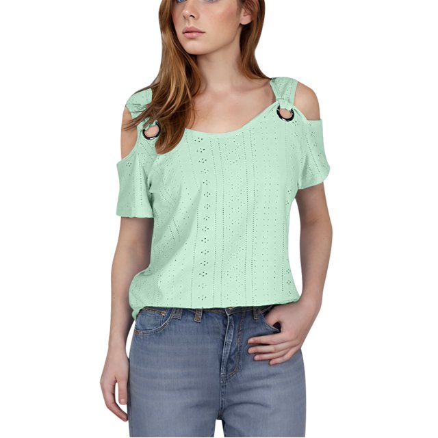 fheaev Hauts d'Été pour Femmes Épaules Dénudées Manches Courtes Dentelle Patchwork Col Rond Chandail Tunique Hauts Coupe Ample Chemisiers T-Shirt Chic Décontracté Vacances Travail Hauts