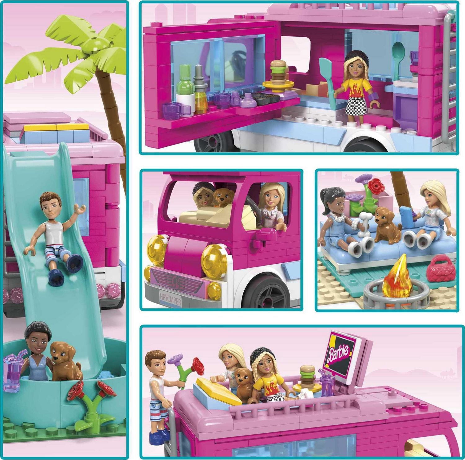 MEGA Barbie Dream Camper Adventure Building Kit Playset with 4 Micro-Dolls (580 Pieces)
