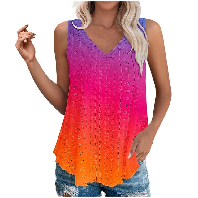 Plebaso Womens Tank Tops V Neck Gradient Lightweight Eyelet Shirts Flowy Loose Summer Sleeveless Blouses