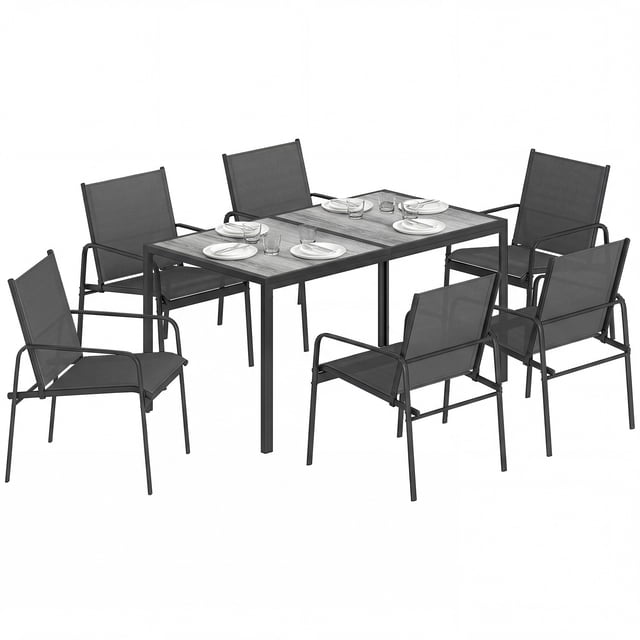 Outsunny Outdoor Dining Set for 6, Faux Wood Patio Table and Chairs, Black — centered front-facing view of a seven-piece rectangular patio furniture set with a faux-wood effect PSPC tabletop and six black galvanized steel chairs. Chairs feature breathable mesh seats, angled backrests, supportive armrests and non-slip foot pads; table measures 59.1" L x 31.5" W x 29.1" H and chairs 22" W x 24.8" D x 32.7" H (150 x 80 x 74 cm table; 56 x 63 x 83 cm chairs). Suitable for outdoor dining on patios, terraces or poolside; often used as extra seating for covered terraces and entertaining.