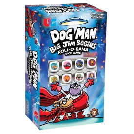 Dog Man Big Jim Begins Roll-O-Rama Dice Game box with colorful Dog Man characters including Big Jim in a red superhero costume, containing 50 story cards, 9 character dice, dice cup, and storage tray, designed for 2 to 4 players aged 6 and up for fast-paced dice game play.