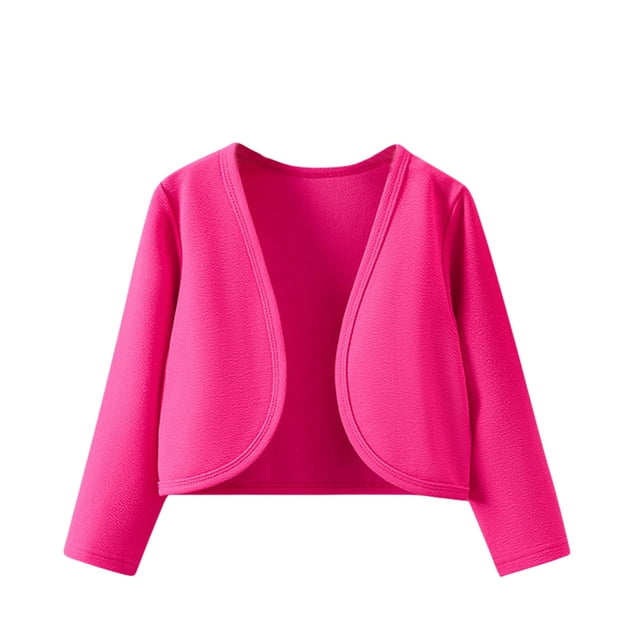 Timegard Girls Open Front Shrug Cardigan for children aged 4-8 years, featuring long sleeves and a cropped design. Made of breathable, soft fabric in a vibrant pink color, suitable for daily wear or outdoor activities. The cardigan has a rounded neckline and open front, ideal for layering in cooler weather or pairing with jeans and sneakers for a stylish look. Often categorized as outerwear for fall, it complements seasonal wardrobes effortlessly.