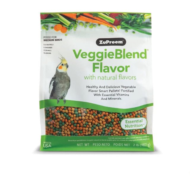 Zupreem VeggieBlend Daily Bird Food Natural Flavor in a 2 lb (907 g) resealable bag with multicolored vegetable-flavored pellets for medium birds like cockatiels, conures, and African greys, fortified with essential vitamins and minerals for balanced daily nutrition.
