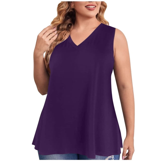 AherBiu Plus Size Tank Tops Loose Fitting V Neck Sleeveless Solid Basic T Shirt Fashion Stretchy Summer Causal Tank Tops
