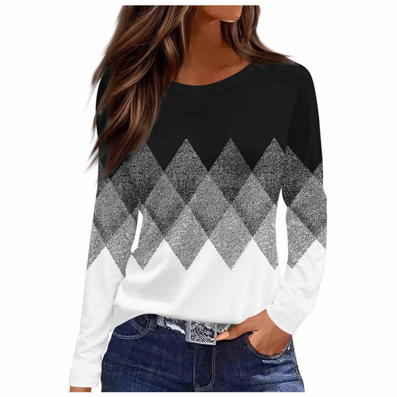 lcziwo Long Sleeve Shirts for Women Casual Print Blouses Crew Neck Comfy T-Shirt Lightweight Basic Top Daily Loose Tee 2024 Black