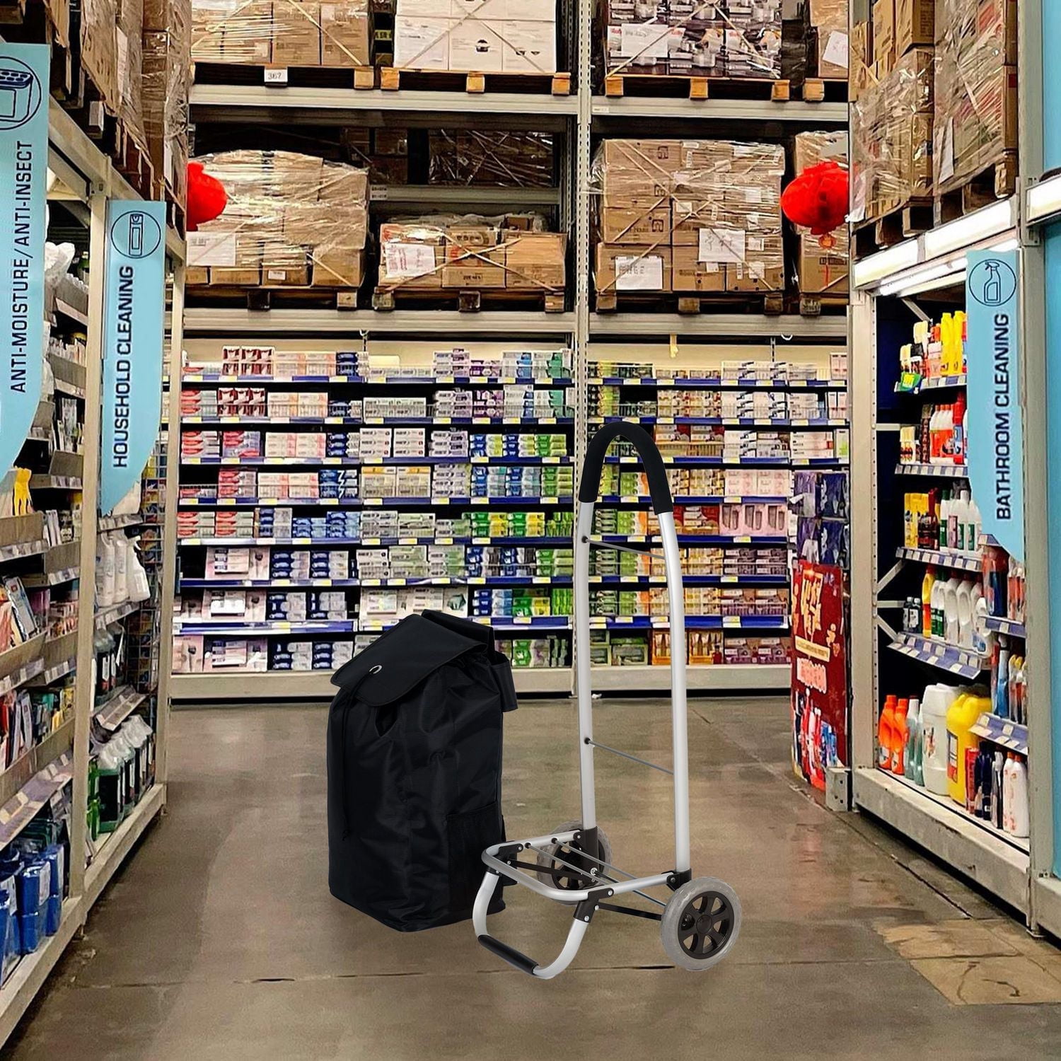 Chariot de course de luxe à 1 compartiment Mainstays avec cadre en aluminium, chariots, chariot utilitaire pliable et chariot d'épicerie pliable avec sac en polyester