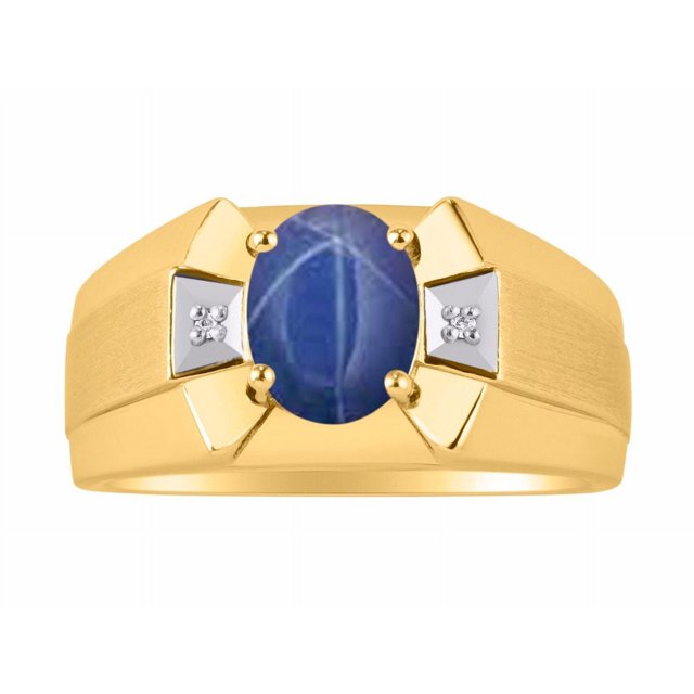 RYLOS Men's Rings 14K Yellow Gold Rings Classic Designer 9X7MM Gemstone & Diamond Ring Blue Star Sapphire September Birthstone Ring Size 10