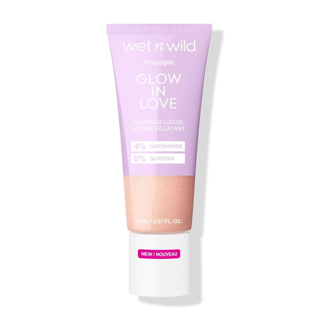 MEGA GLO GLOW IN LOVE RADIANCE LIQUID by wet n wild, a 20ml (0.67 fl. oz.) tube of liquid highlighter with a lavender top and shimmery peach bottom, enriched with 4% niacinamide and 8% glycerin, offering sheer buildable coverage to boost natural radiance and suitable for use alone or with makeup.