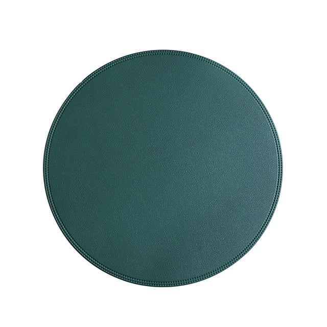 Round leather placemat in solid green color made of synthetic leather, measuring 38x38cm (14.96x14.96in). Features a non-slip surface, double-thick design for insulation, and easy-to-clean waterproof material. Ideal for table linens, kitchen tables, coffee mats, and dining settings.