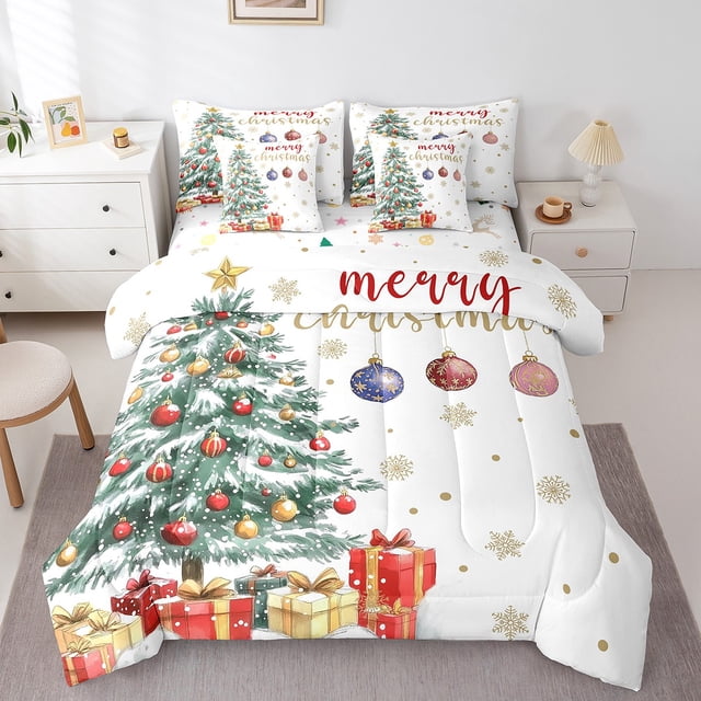 7Pcs Christmas Tree Kids Bedding Set for Boys,King Size Comforter Set with Sheets and Pillowcase,7Pcs Bed in a Bag Merry Christmas Children Bed Set,Xmas Comforter