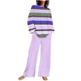 thumbnail image 2 of TIMIFIS Ensemble Violet 2 Pcs d'Automne pour Femmes, Décontracté, Ample, Col Rond, Rayé, Haut à Manches Longues et Ensemble Pantalon à Jambe Grand Uni, 2 of 5
