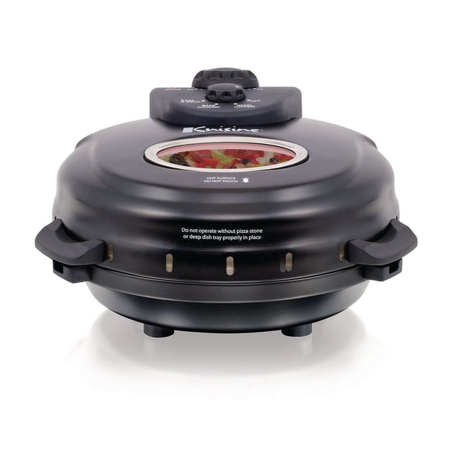 Euro Cuisine PM600 Electric Pizza Oven in matte black with a round shape, featuring a top control panel with bake, broil, and combined settings, a circular glass window showing a pizza inside, side handles, and safety warnings on the lid, designed for even cooking with a rotating tray and removable 12-inch pizza stone, also suitable for baking frozen or homemade pizzas.
