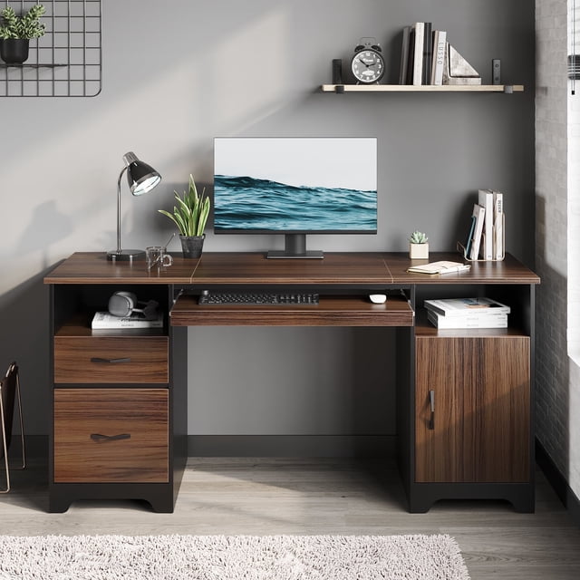 Bestier 59” Computer Desk with Drawers, an executive desk in cherry finish, featuring a spacious 59-inch desktop supported by two sturdy bases. Includes a smooth-sliding keyboard tray, two drawers, a large storage cabinet, and two open shelves for organized storage. Ideal for home office use, the desk offers a waterproof and scratch-resistant surface with a cable hole for tidy cable management.