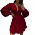 thumbnail image 2 of Birdeem Robe Aguichant pour Femmes Col en V Dos Fermeture Éclair Manches Trompette Plissée Satin Taille Haute, 2 of 6
