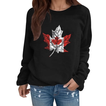 Bmisegm Femmes Chandail à Capuchon Décontracté à Col Rond à Manches Longues avec Imprimé de Feuille d'Érable Canadienne Chandails Décontractés pour Femmes Noir TTTG