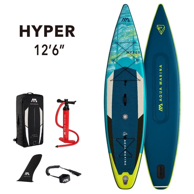 Aqua Marina Hyper 12' 6" touring inflatable stand up paddle board shown from top and bottom views with included accessories: black zip backpack, red Liquid Air V2 pump, removable black slide-in racing fin, and 10-inch coil leash. The board features a blue and yellow color scheme, diamond-pattern EVA footpad, dual cargo nets, and bungee cords for securing gear, suitable for paddling on lakes, rivers, or sea.