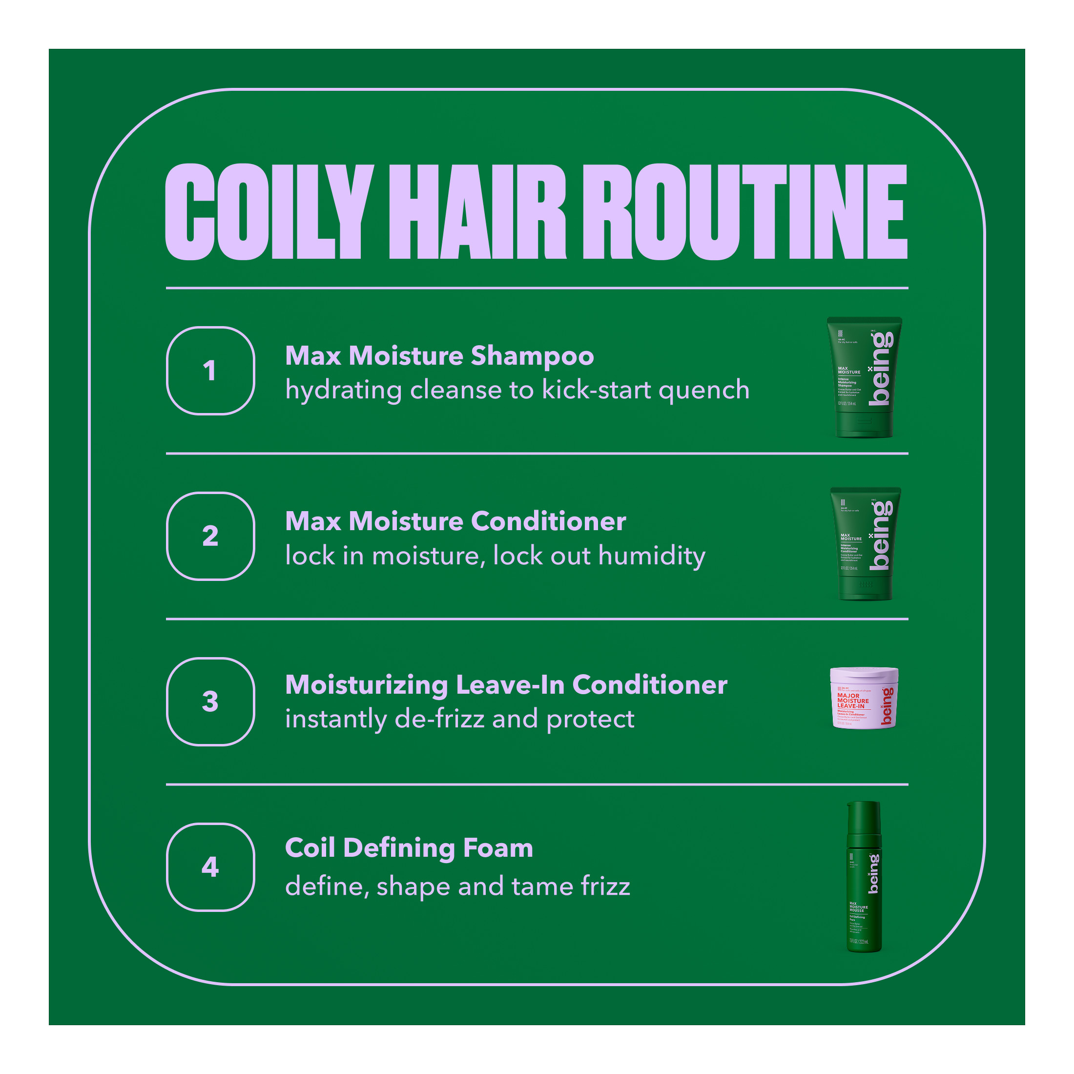 being MAX MOISTURE MOUSSE Coil Defining Foam with Cocoa Butter and Oat Extract 222mL