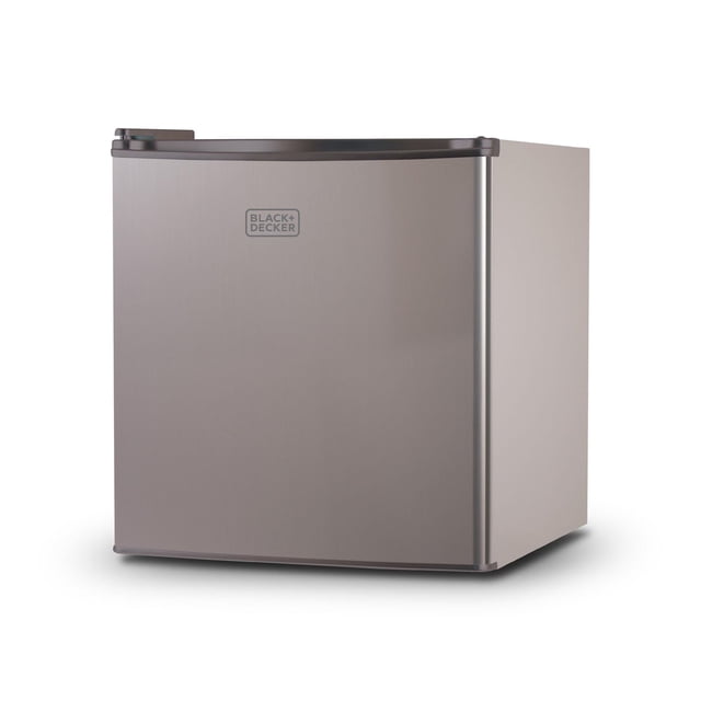 BLACK+DECKER BCRK17V compact refrigerator Energy Star single door mini fridge with freezer, 1.7 cubic ft., silver stainless steel finish, front-facing square design with brand logo, adjustable temperature control, reversible door, and quiet operation, ideal for small indoor spaces and under counters.