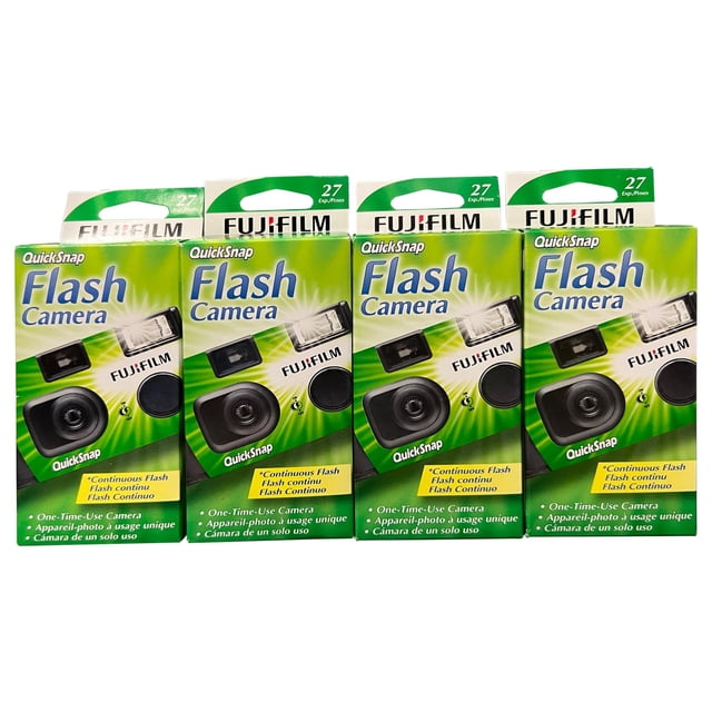 Fujifilm QuickSnap Flash 400 Appareil Photo Jetable 35 mm dans une configuration en Lot de 4. Chaque Appareil Photo Est Préchargé avec le film Superia X-TRA 400, Offrant 27 Expositions par Unité. l'Emballage Présente un design Vert et Blanc avec la Marque du Produit et des Détails sur le Flash Intégré et la Fonctionnalité à Usage Unique.