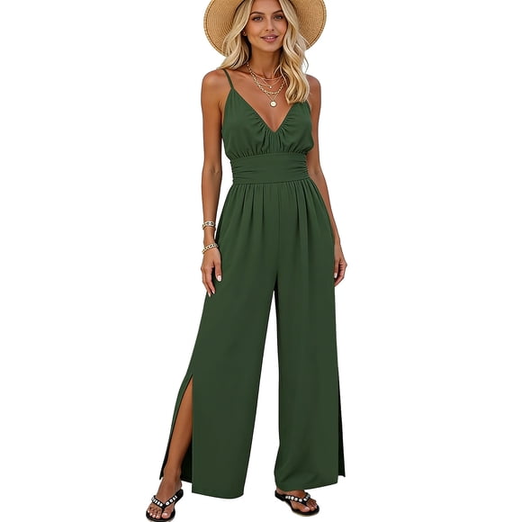 Women's V-Neck Jumpsuit with Adjustable Straps Side Slits and Pockets Casual Romper for Summer Lounge or Travel Versatile JASKFLY Army Green M