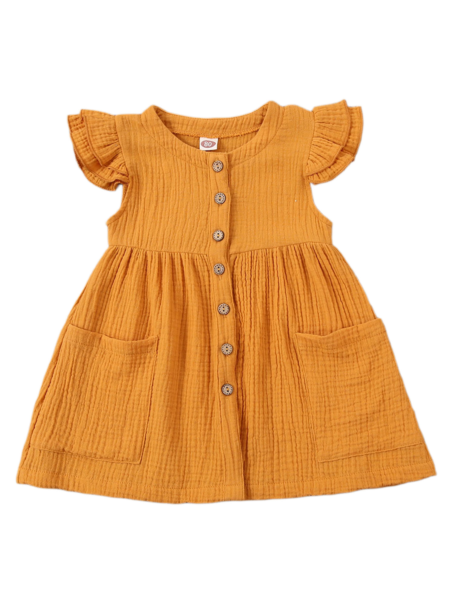 Gupgi Girls Fly Sleeve Dress Solid Color Round Collar Single-breasted Dresses