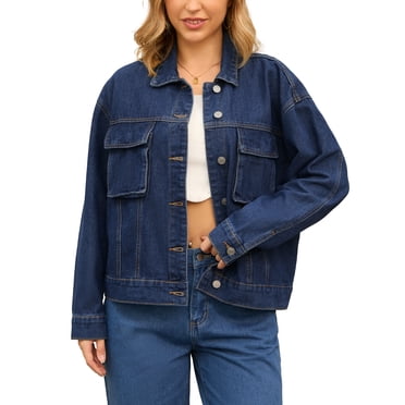INSPIRE CHIC Women's Oversized Denim Button Down Chest Flap Pockets Jean Jacket L Dark Blue