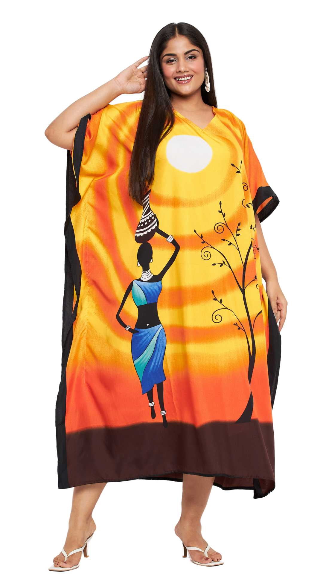 Oussum Orange Tribal Plus Size Polyester Long Kaftan Dresses for Women