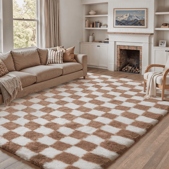 BERTHMEER 5'x8' Shag Area Rugs for Living Room Bedroom Fluffy Plush Washable Checkered Geometric Flush Modern Soft Rugs Fuzzy Carpets, Brown White