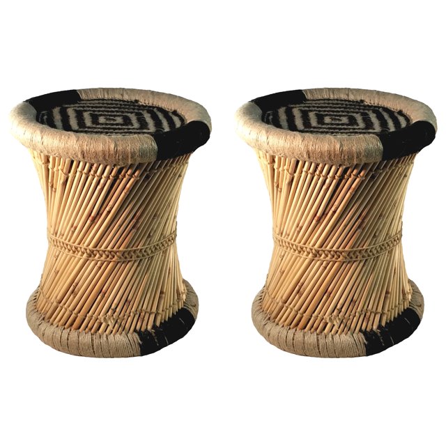 Natural Geo Moray Accent Stool (Set of 2) - Handwoven Black Diamond
