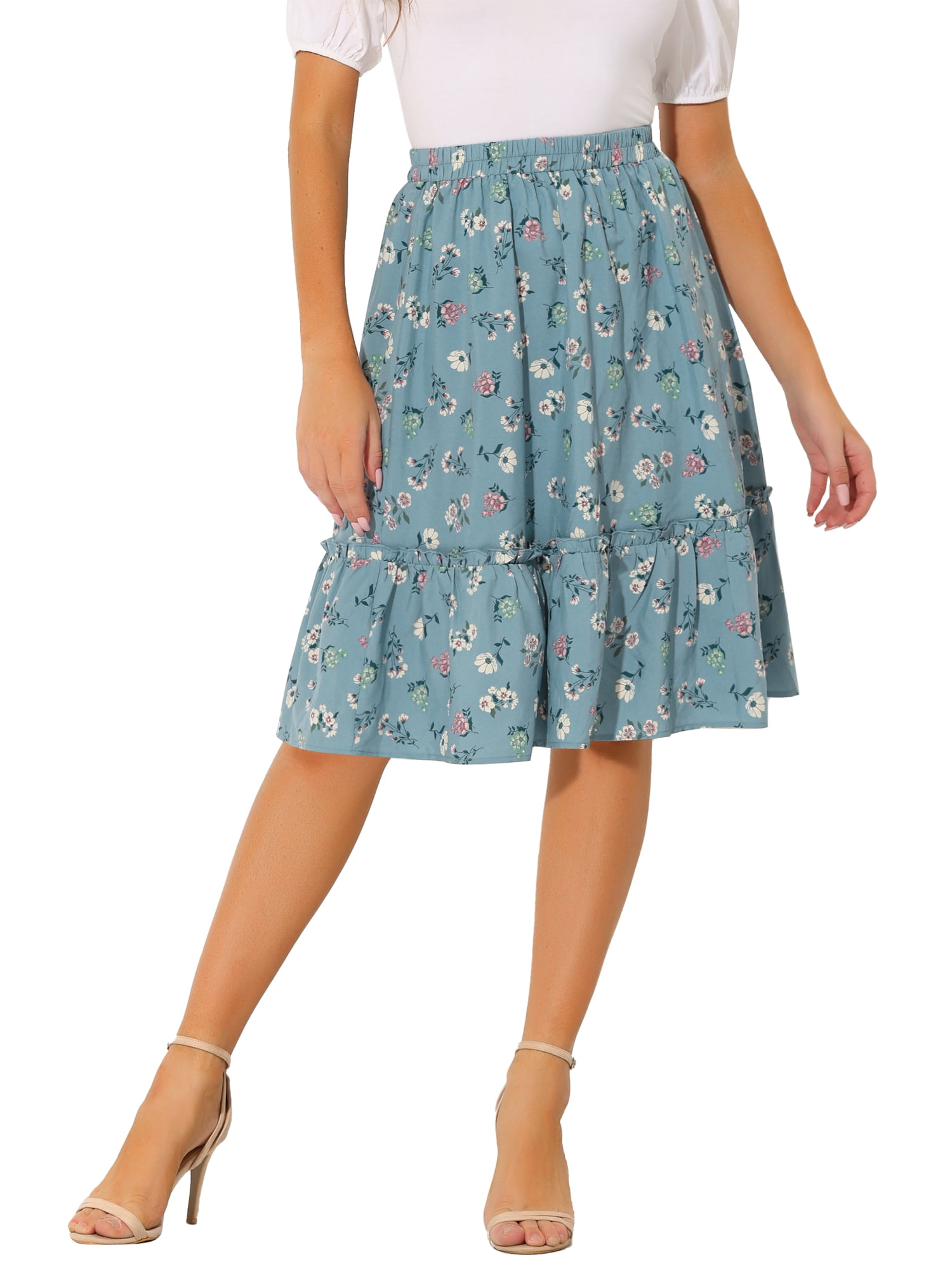 Unique Bargains Women's Ruffle Hem Flowy Tiered A-Line Floral Midi Skirt Dusty Blue L